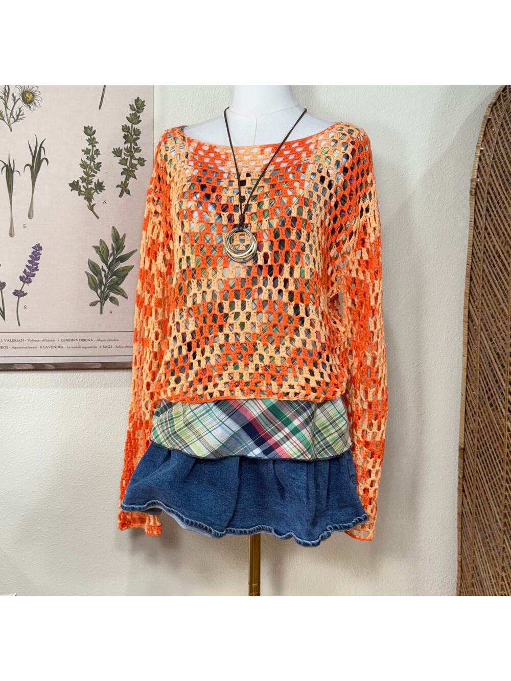 Orange Crochet Wide Long Sleeves Sweater NWT Whimsy Twee Fairy Coastal Grandma M